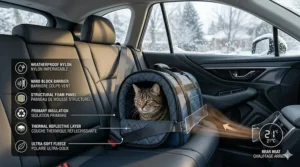 An illustration of a secure, insulated cat carrier buckled into a car seat during a snowy winter drive in Ontario.