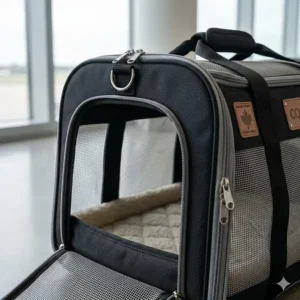 A 4K photorealistic illustration of the specific black airline approved cat carrier with a cozy brown tabby cat inside, being supplemented with thick fleece and an insulated heat pad for winter travel, with a 'WINTER-SPECIFIC INSULATION' graphic overlay.