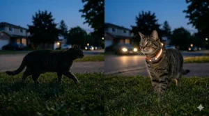 Adjustable reflective cat collar showing sizing for various cat breeds.
