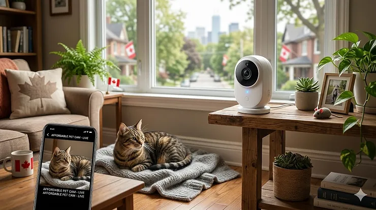 A compact pet camera on a wooden table, monitoring a cat in a bright, Canadian-themed living room. pet camera for cats