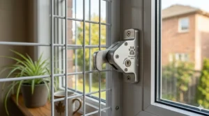 A photorealistic, highly detailed 4K photograph captures a weathered white-framed cat window safety guard featuring a layer of fresh, clinging snow and frost, securely installed on the exterior of a brick Canadian home during winter.