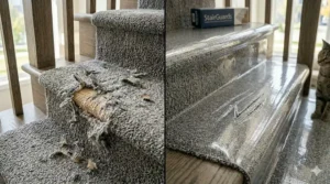 Split view showing carpet damage versus protected stairs after using guards.