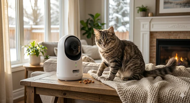 A sleek pet camera for cats monitoring a playful tabby in a modern Canadian living room. / Caméra pour chat surveillant un tabby joueur dans un salon canadien moderne.