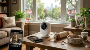 A budget-friendly pet camera setup displayed on a wooden table alongside pet food and a toy in a Canadian home.
