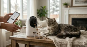 A pet camera for cats dispensing a treat to a feline. / Caméra pour chat distribuant une friandise à un félin.