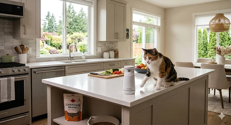 A modern kitchen counter with a pet-safe cat deterrent device installed.