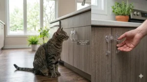 Child-proof cabinet locks installed on kitchen cupboards to keep curious cats away from stored food and hazardous items.