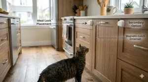 Illustration showing proper placement of cabinet locks for pets.