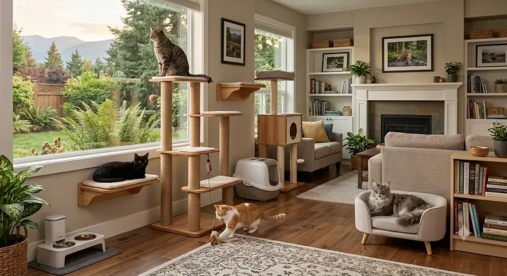 A Canadian home set up with cat trees and vertical spaces for multiple cats. Une maison canadienne équipée d'arbres à chat et d'espaces verticaux pour plusieurs chats. cat proofing tips for multiple cats