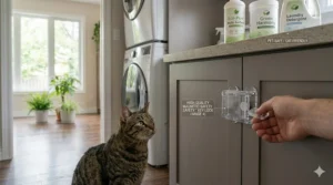 A locked cabinet storing pet-safe cleaning supplies, essential for maintaining a secure and healthy environment for Canadian cats.