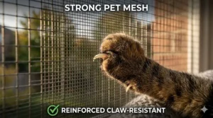 A photorealistic, high-detail 4K photograph captures a tabby cat sitting safely on a wooden sill, enjoying fresh air through a securely installed special cat-proof security mesh guard, which is completely snow-laden and frosted with ice.