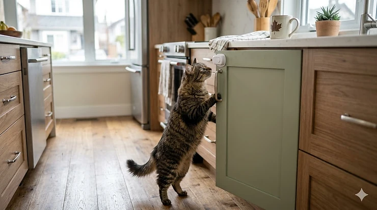 Secure cabinet locks keeping a cat away from household supplies. childproof cabinet locks for cats