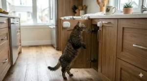 Childproof locks providing a safer environment for curious cats.