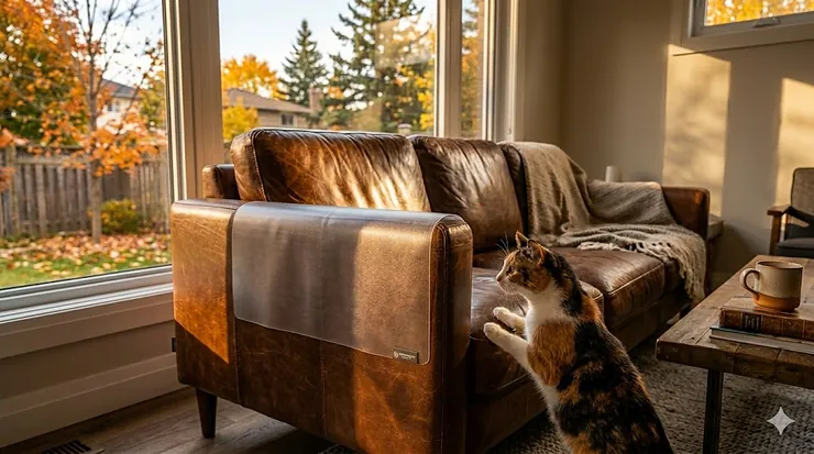 Clear adhesive furniture protector applied to a modern leather sofa in a Canadian living room. furniture protector for cats on leather couch