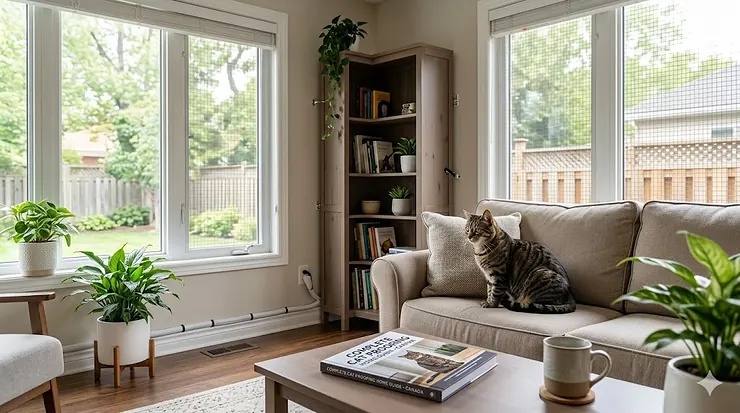 A comprehensive home setting showing cat-proofing measures, designed for a complete cat proofing home guide for Canadian pet owners.