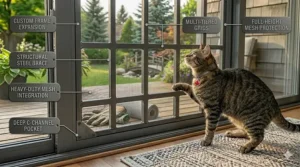 Custom-fit screen door guard for various Canadian door sizes.