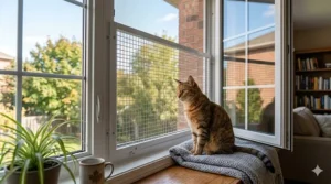 A photorealistic, highly detailed 4K photograph capturing multiple examples of custom-sized cat window safety guards installed on different window types within a real Canadian home.