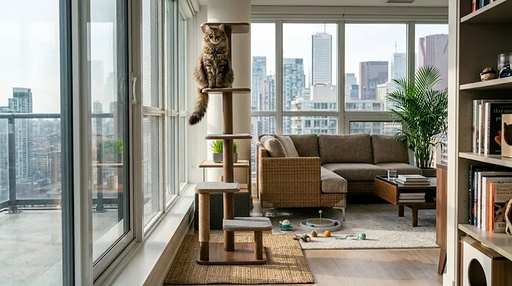 Damage-free cat proofing for renters in a modern living room | Protection pour chats sans dommages pour locataires dans un salon moderne