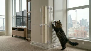 Interactive toy attached to a door handle for feline enrichment | Jouet interactif attaché à une poignée de porte pour enrichissement félin