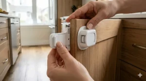 Easy-install drill-free cabinet latch for pet-proofing homes.
