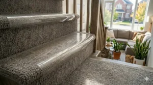 Heavy-duty vinyl carpet guard protecting residential stair runner from claws.