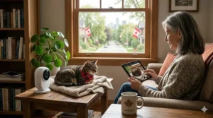 An older adult in a cozy Canadian living room using a tablet to check a feed from an easy-to-install pet camera.