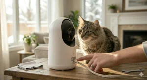 A pet camera for cats providing peace of mind for owners. / Caméra pour chat offrant une tranquillité d'esprit aux propriétaires.
