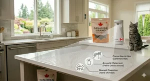 A diagram showing the effective range of a cat deterrent spray or device.