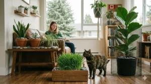 Providing cat grass as a distraction from houseplants.
