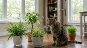 A collection of non-toxic houseplants displayed in a living room, following safety recommendations for Canadian cat households.