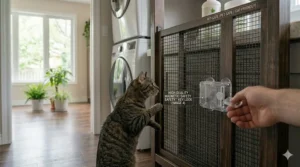 Sturdy, tall pet gate installed in a doorway to manage cat access and keep pets safe within the home.