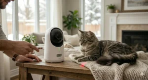 Laser toy feature on a smart pet camera for cats. / Fonction laser interactive sur une caméra intelligente pour chats.
