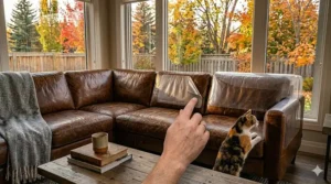 Discreet, transparent furniture protector blending into a dark leather couch.