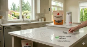 Clean kitchen surfaces maintained after using a cat deterrent device.