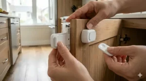 Hidden magnetic lock system for cat-proof kitchen cabinets.