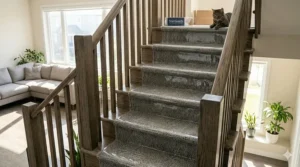 Discreet clear protector keeping stairs stylish while preventing cat scratches.