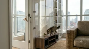 Modular cat tree on a non-slip mat for stability | Arbre à chat modulaire sur tapis antidérapant pour plus de stabilité