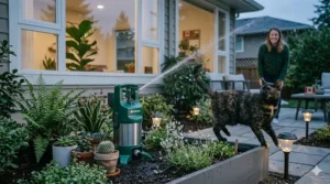 Outdoor motion-activated sprinkler for garden plant protection.
