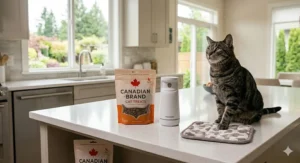 Close-up of a motion-activated cat deterrent on a granite kitchen island.