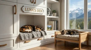 Strategic placement of multiple litter boxes in quiet, accessible areas. Emplacement stratégique de plusieurs bacs à litière dans des zones calmes et accessibles.