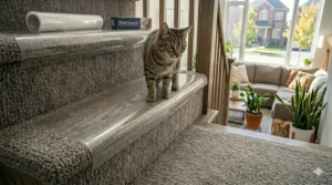 Non-slip stair surface protector ensuring cat safety and carpet integrity.