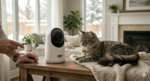 Smartphone screen showing live pet camera for cats feed. / Écran de téléphone montrant le flux d'une caméra pour chats.