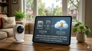 A tablet screen illustrating bilingual secure data storage options including local SD card and cloud storage for a pet camera.