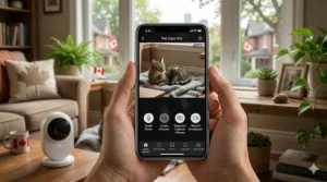Close-up of hands holding a smartphone displaying a bilingual English and French pet camera app interface monitoring a cat.