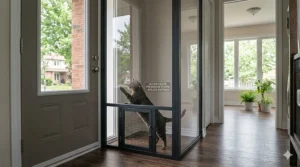 A secure, double-entryway setup for a Canadian home door, designed to prevent indoor cats from escaping outdoors.