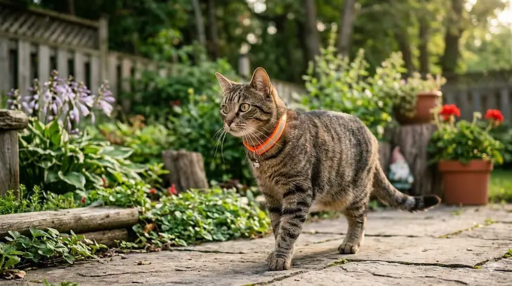 Cat wearing a reflective cat collar for outdoor safety in a Canadian garden.