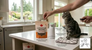 Illustrative guide showing positive reinforcement to keep cats off counters.