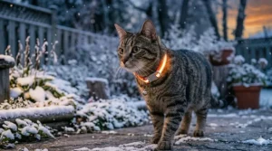 Illustration highlighting safety release buckle on a reflective cat collar.