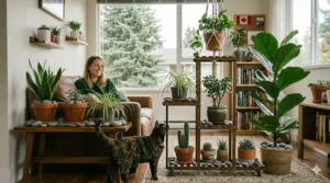 Tall plant stand acting as a cat-proof plant protector.