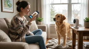 A woman sitting on a couch in a sunlit Canadian home, using two-way audio on her phone to speak with her golden retriever.